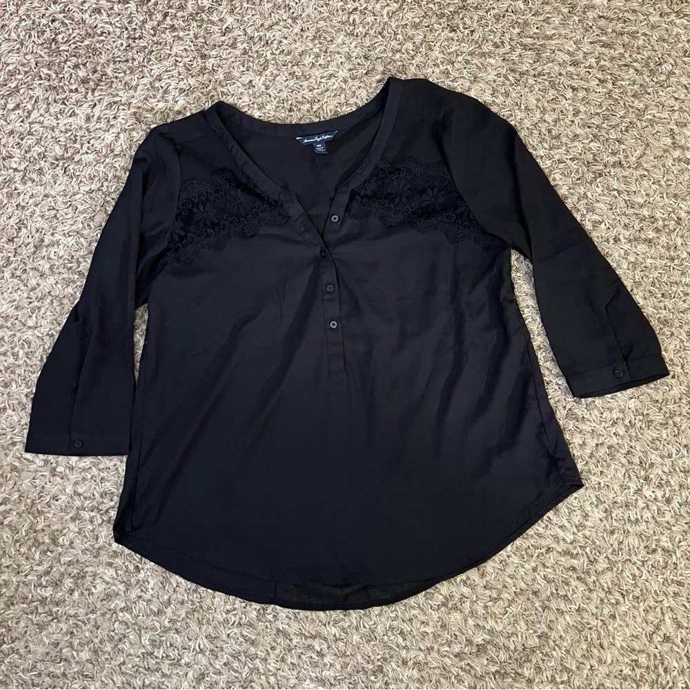 American Eagle Womens M Black Lace Blouse Top With Pleats Sheer Shirt Medium